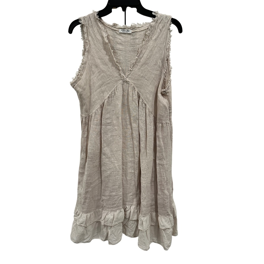 Puro Lino Italy Linen V-Neck Ruffle Hem Sleeveless Dress Beige 8027-AL